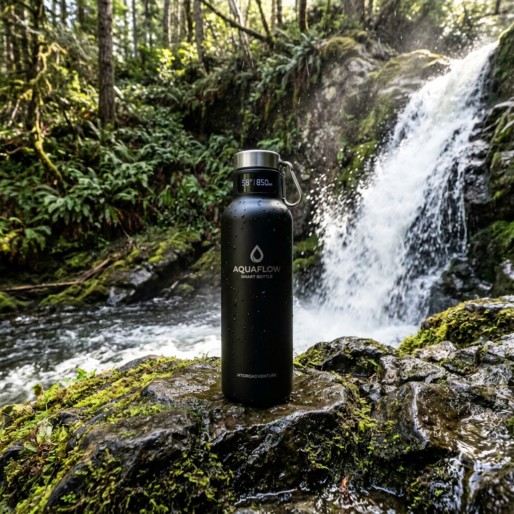 SMart Bottle on wet rocks by a wild waterfall