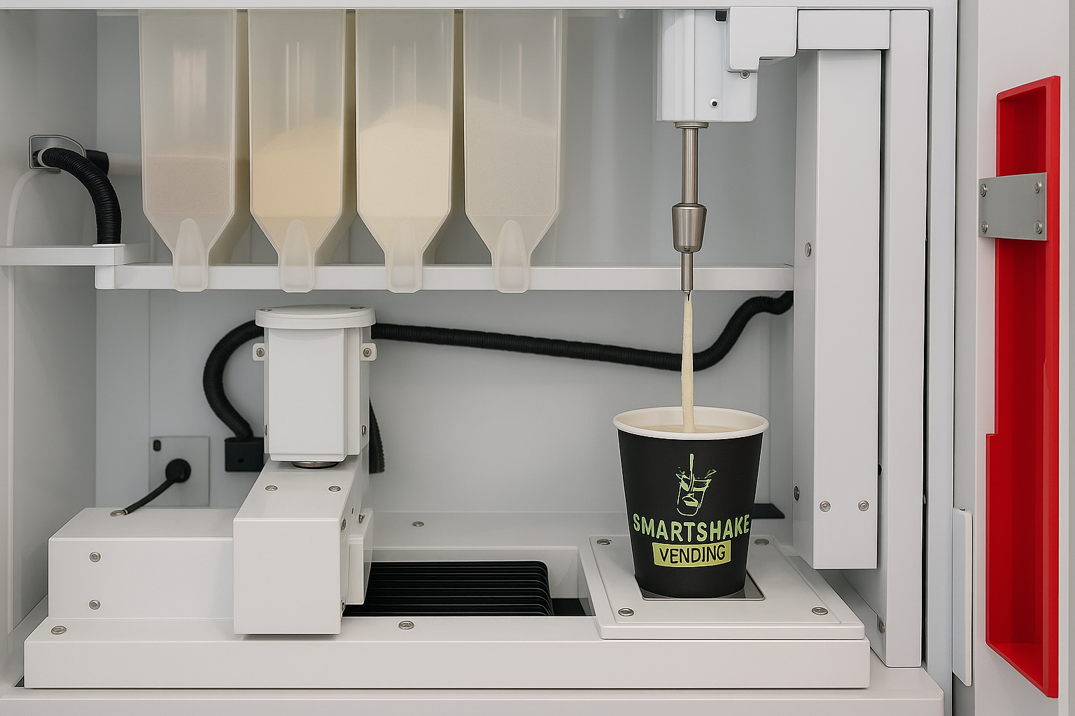SmartShaker internal mechanism showing protein tanks, mixing nozzle, oat milk flow, cup station, and automated dispensing system