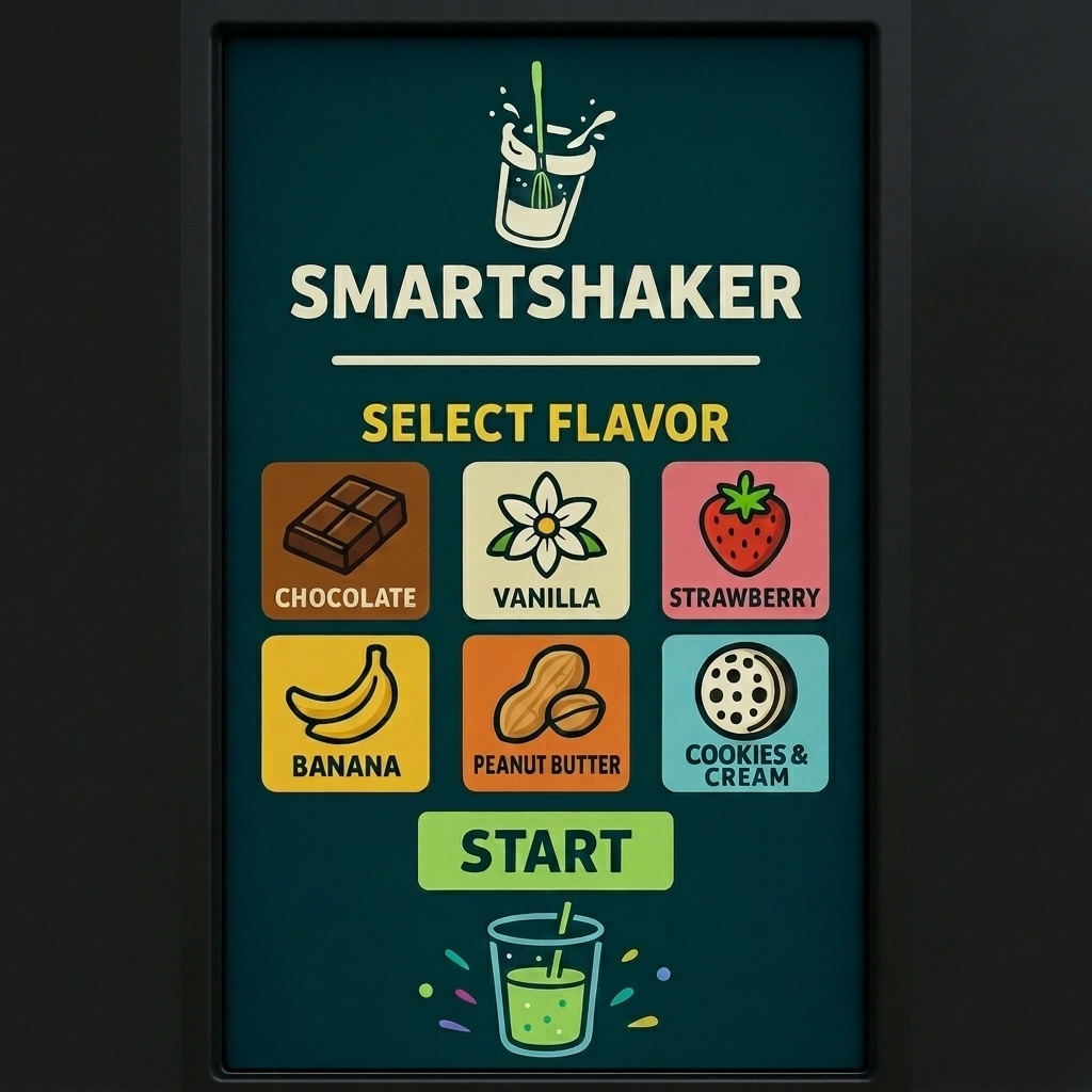 SmartShaker touchscreen flavor selection interface showing six flavor options