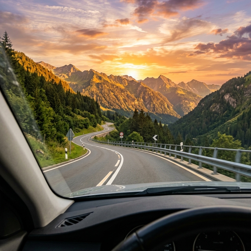Dash Cam highway recording at golden hour